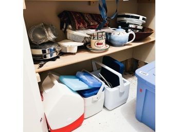 Shelf Lot: Coolers, Waffle Maker, Wooden Bowl, Ceramic Pot, Etc. (Basement)