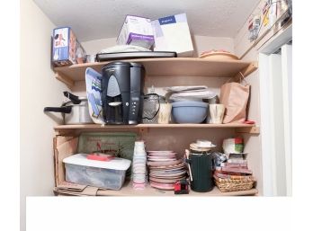 Shelf Lot: Coffee Maker, Paper Plates And Cups, Mixing Bowl, Etc. (Basement)