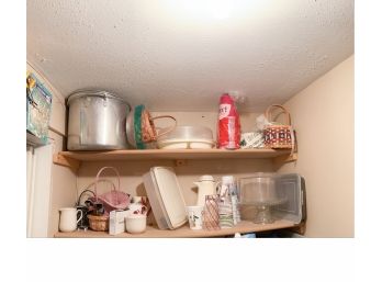 Shelf Lot: Stock Pot, Baskets, Plastic Food Storage, Cake Stand, Etc. (Basement)