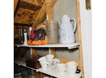 Two Shelves With Decorative Turkey, Glassware And Ceramics (basement)