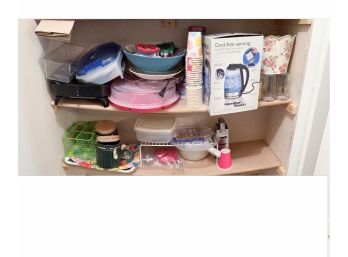 Shelf Lot: Plastic Serveware, Hamilton Beach Electric Kettle, Etc.