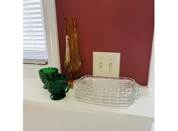 Green Glass Sugar And Creamer, Glass Snack Plates And Orange Glass Vase (Basement)