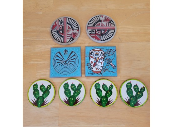 Set Of 2 Cleo Teissedre Tiles, Cactus Coasters And Stone Coasters