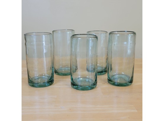 Set Of 5 Vintage Mexican Blown Glass Tumblers Pale Blue Clear Thick Cut Glass