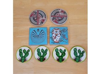 Set Of 2 Cleo Teissedre Tiles, Cactus Coasters And Stone Coasters