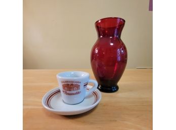 Red Glass Vase And Espresso Cup & Dish