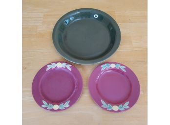 Set Of 2 Coors Pottery Rosebud Plates And Green Ceramic Pie Plate