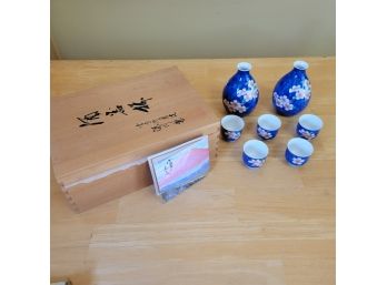 Elegant Blue Ceramic Japanese Sake Set In Box