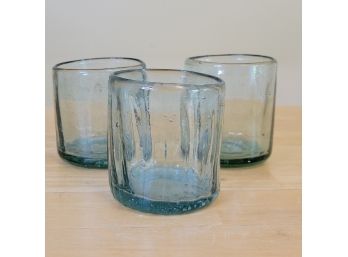 Set Of 3 Vintage Mexican Blown Glass Tumblers Pale Blue Clear Thick Cut Glass