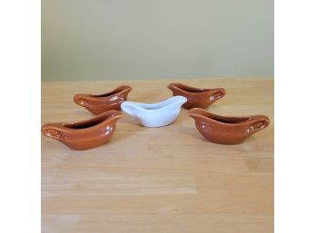 Set Of 5 Vintage H.F. Coors Pottery Chefsware Individual Syrup Pitchers