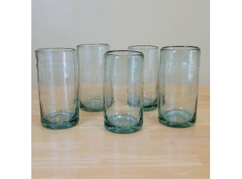 Set Of 5 Vintage Mexican Blown Glass Tumblers Pale Blue Clear Thick Cut Glass
