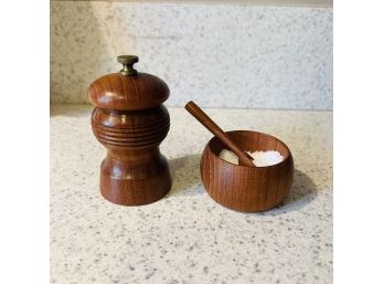 Small Teak Pepper Grinder And Salt Bowl With Spoon