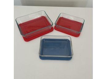 Lot Of 3 Glass Pyrex Covered Storage Dishes - 2 Lids Are Cracked As Shown
