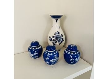 Vintage Hand Painted Delft Vase And Mini Ginger Pots