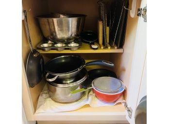 Cabinet Lot Including Pots And Pans