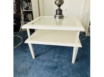 White Two Level Wood And Glass End Table (Upstairs)