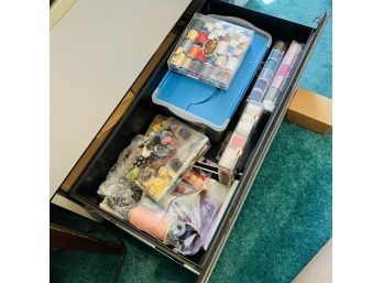 Craft Drawer Lot: Thread, Buttons, Fabric, Etc.
