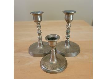 Set Of 3 Brass Colored Candlestick Holders