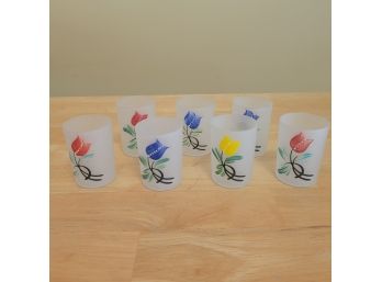 Vintage Hand Painted Frosted Juice Glasses Set Of 7