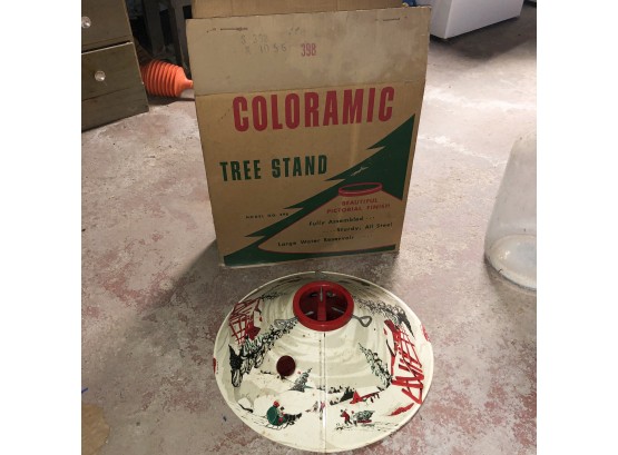 Vintage Coloramic Tin Litho Christmas Tree Stand With Box