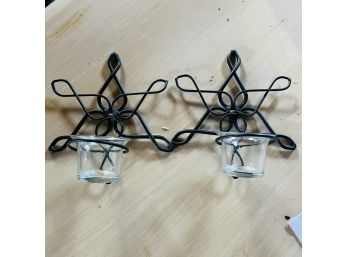Pair Of Metal Star Wall Hangings With Votive Holders (Basement)