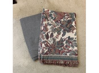 Lot Of 2 Throw Blankets - Floral With Fringe And Grey With Mended Spot As Shown In Photo (office)