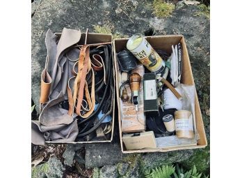 Lot Of 2 Shoeboxes With Leather Scraps And Leather Working Tools