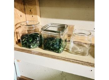 Glass Jars, Some With Green Seaglass Filler