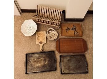 Kitchen Lot - Trays,  Pans, Drying Rack, And More