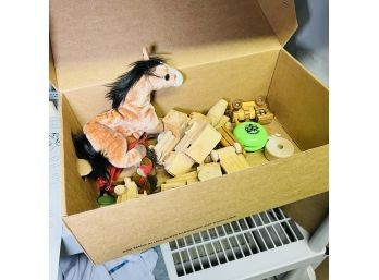 Box With Wooden Toys And Other Items