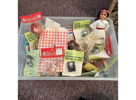 Plastic Box With Vintage Doll House Accessories