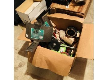 Box Lot: Vintage Sprinkler, Brackets, Two Hose Hangers, Etc. (Basement)