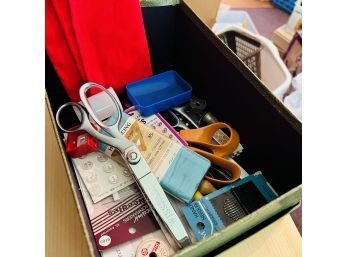 Sewing Box Lot With Scissors And Notions