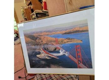 Framed And Signed B-314 Print. Flight Over San Francisco Bridge