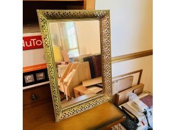 Vintage Mirror With Punched Metal Frame And Easel Back