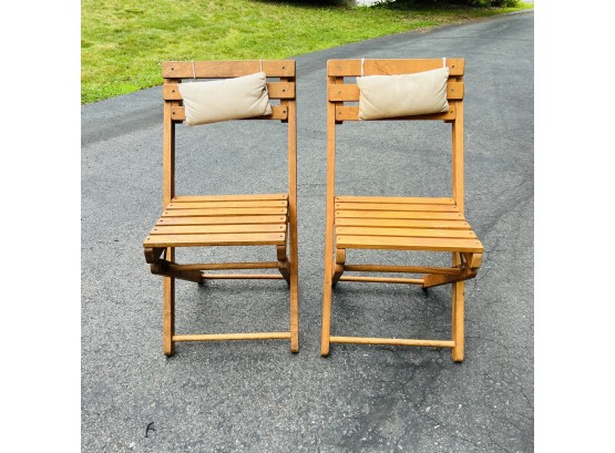Pair Of Vintage Wood Folding Chairs With Seat Back Cushions