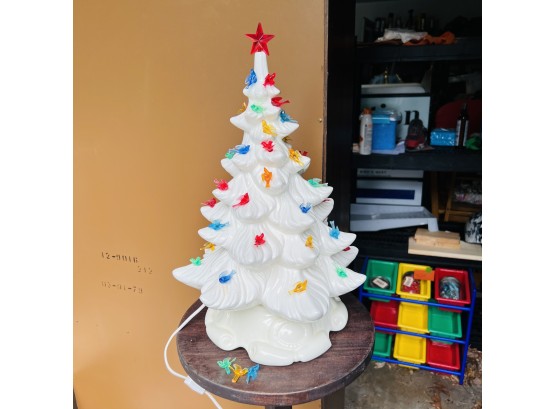 White Ceramic Christmas Tree With Colorful Bird Bulbs