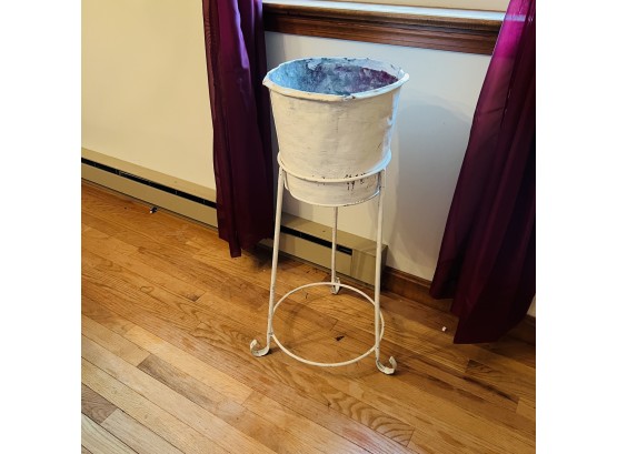 Painted White Sap Bucket In Metal Stand