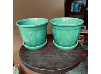 Pair Of Green Ceramic Planters