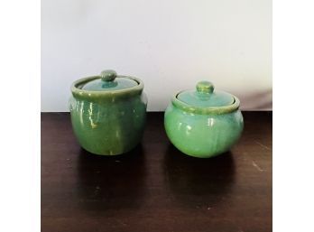 Pair Of Mid-century Pea Green Mini Sugar Bowls With Lids