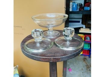Round Footed Compote With Two Round Candle Holders, Clear Glass