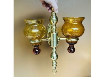 Set Of Two Vintage Valsan Brass And Amber Glass Sconce Wall Decorations