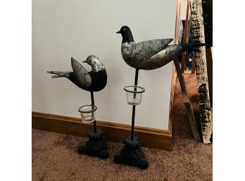 Pair Of Metal Bird Votive Candle Holders On Cast Iron Stands