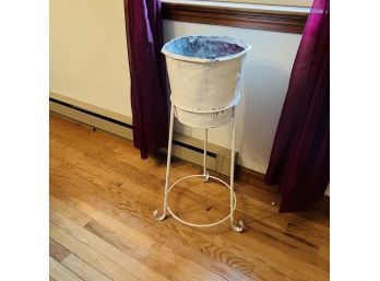 Painted White Sap Bucket In Metal Stand