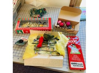 Vintage Holiday Lights, Tinsel And Decorations