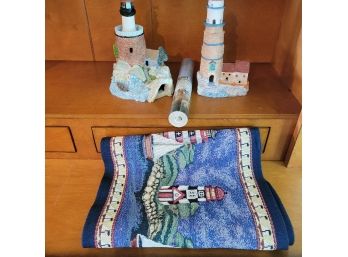 Lighthouse Lot. Figurines, Runner And Wall Paper Boarder