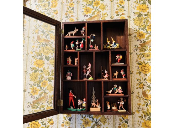 Collection Of Vintage German Miniature Wood Figures In Glass Front Wall Cabinet (Hallway)