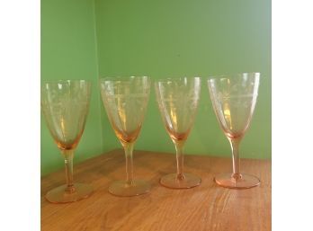 Set Of 4 Pink Depression Glass Goblets