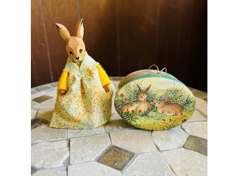 Wood And Felt Bunny Figure And Small Oval Box With Bunnies (Porch)