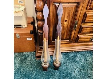 Pair Of Vintage Wooden Wall Candle Holders With Glass Shades (Living Room)